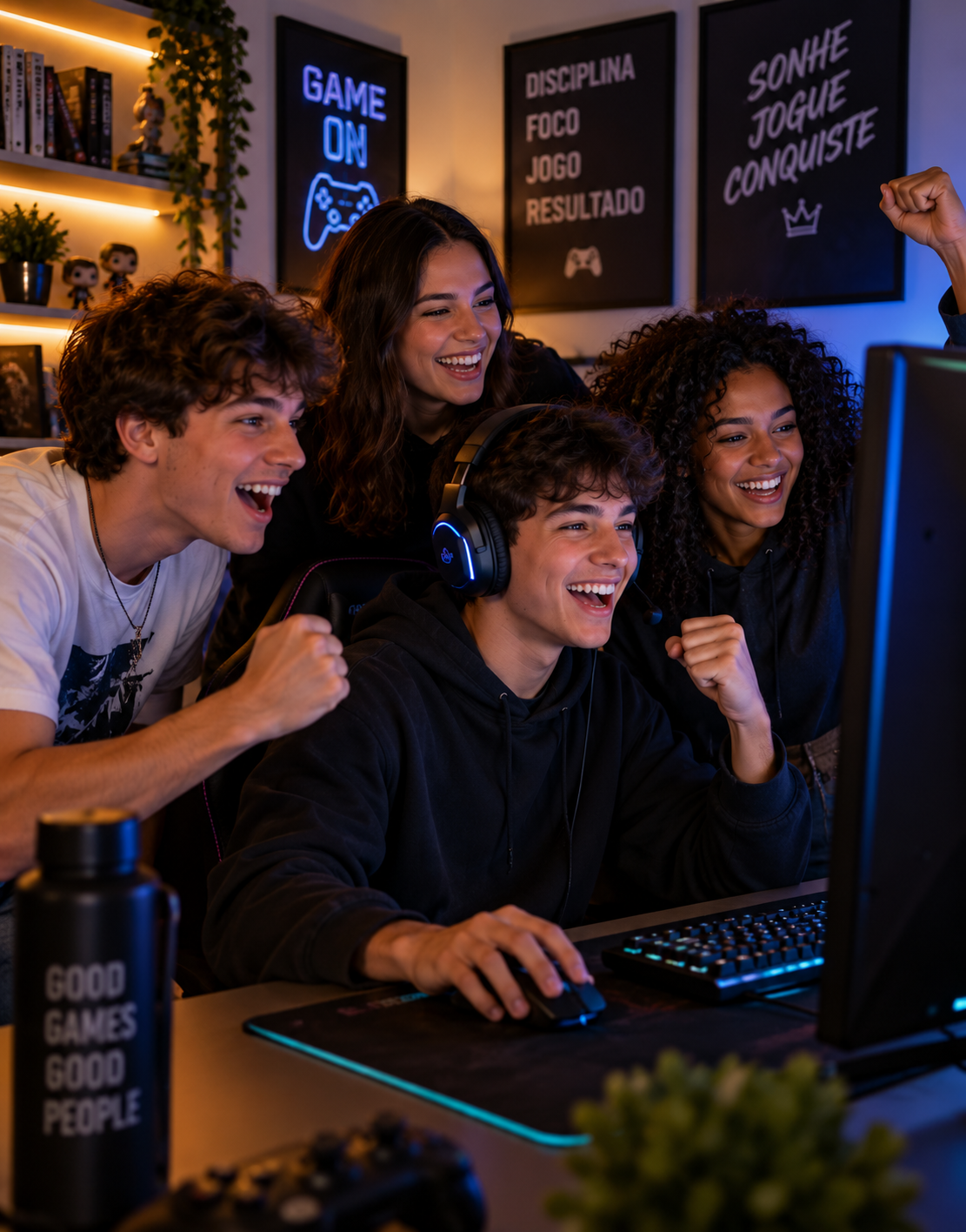 Amigos jogando online juntos, conectados pela internet da Visão Net