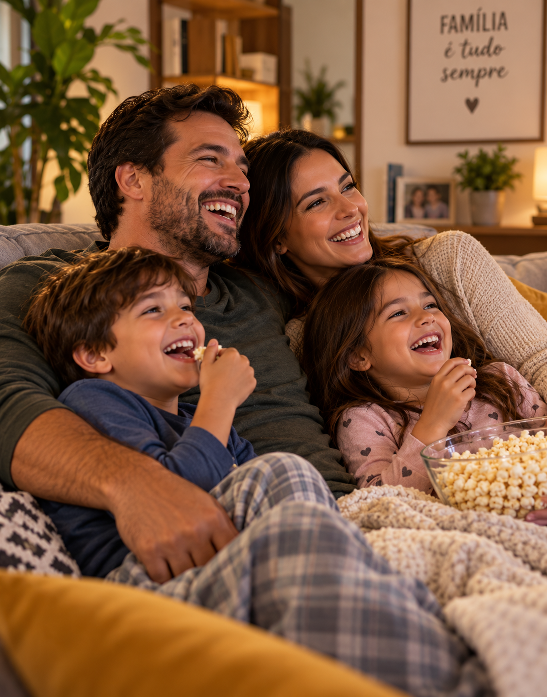 Família se divertindo assistindo na sala, conectada pela internet da Visão Net