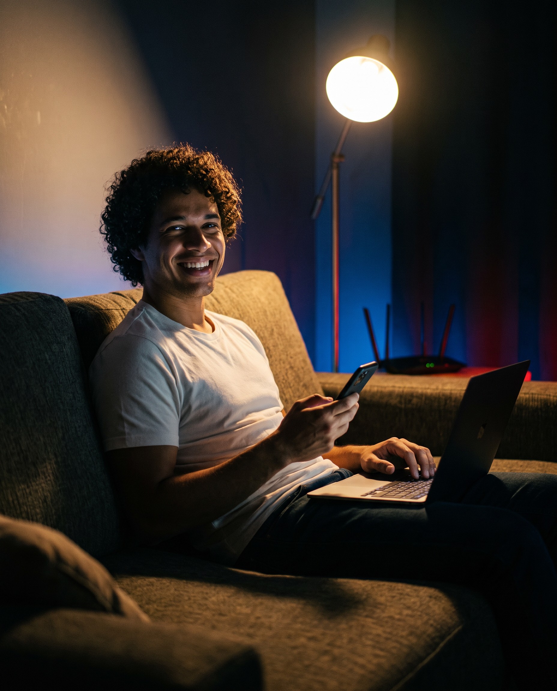 Pessoa sorrindo usando notebook e celular conectada à internet da Visão Net